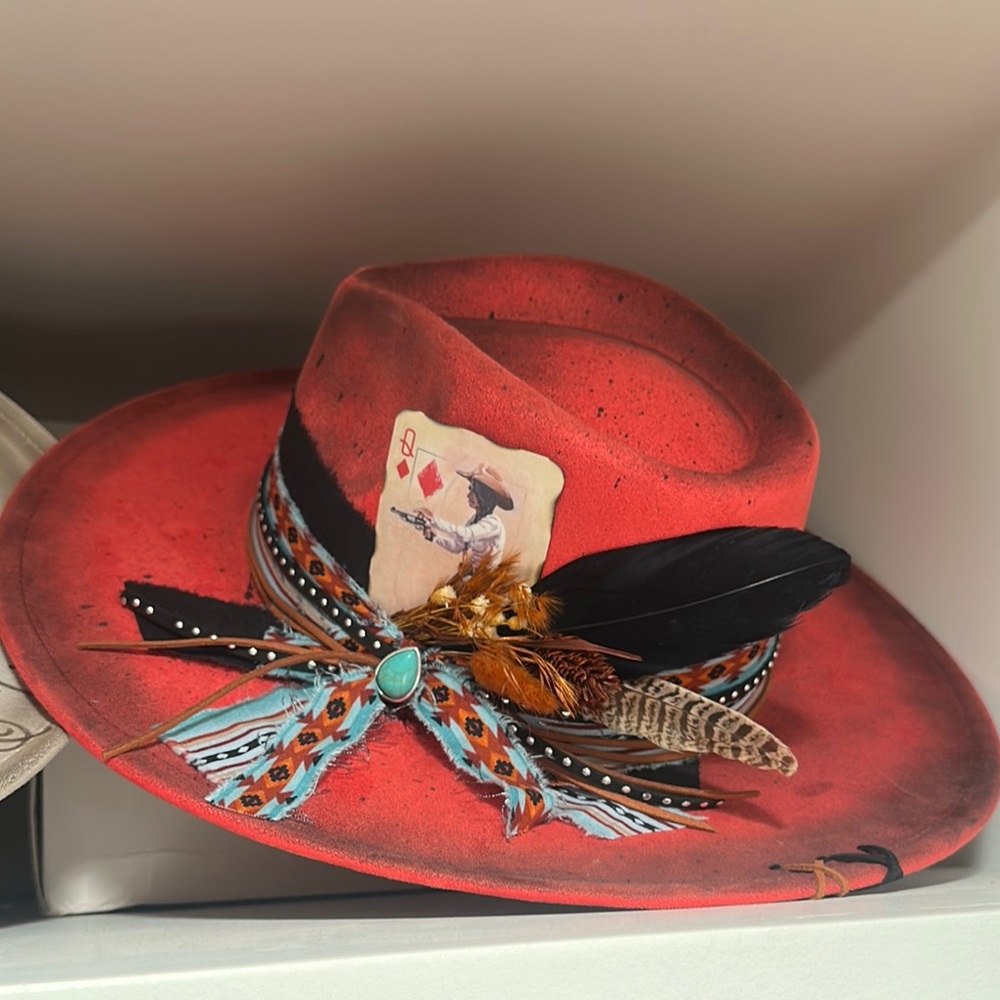 Custom Red Feather-Embellished Women's rancher Hat